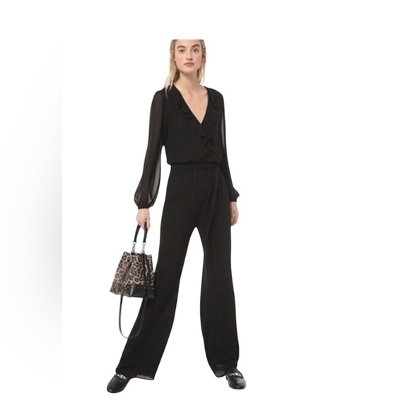MICHAEL Michael Kors Pants - MICHAEL Michael Kors .Black Jumpsuit with Wrap V-Neck and Flowing Wide-Leg Pants